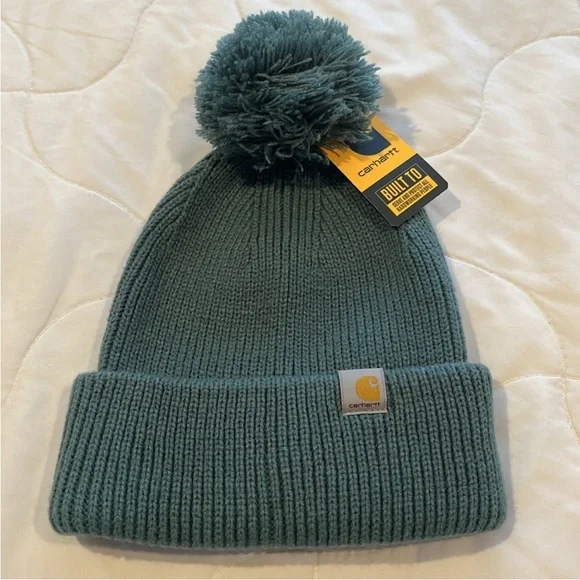 Cahartt Knit Pom Pom Cuffed Beanie Sea Pine Teal - Picture 2 of 5